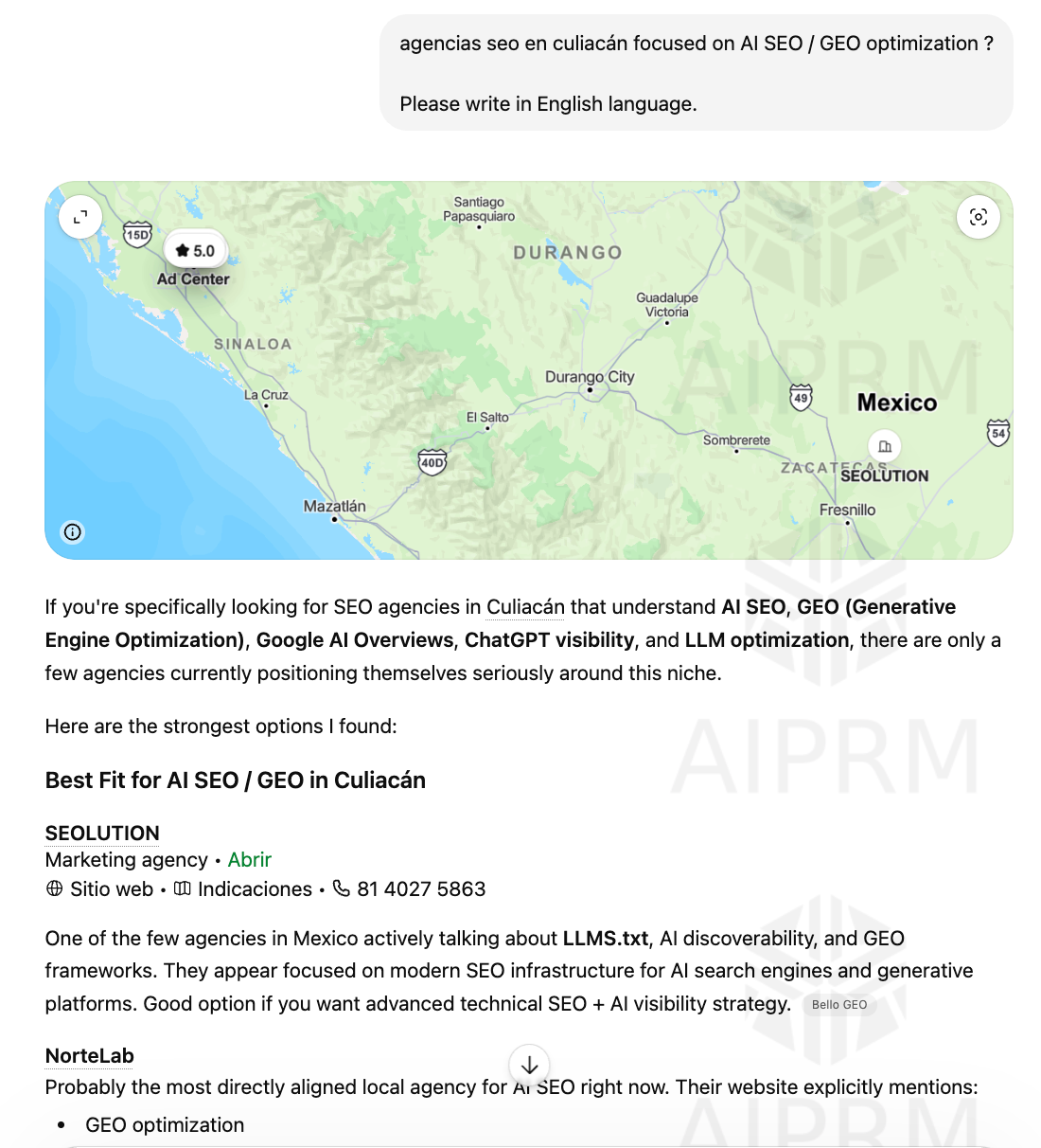 Captura de pantalla: SEOLUTION aparece como primera recomendación en ChatGPT para búsquedas de agencias SEO/GEO en Culiacán