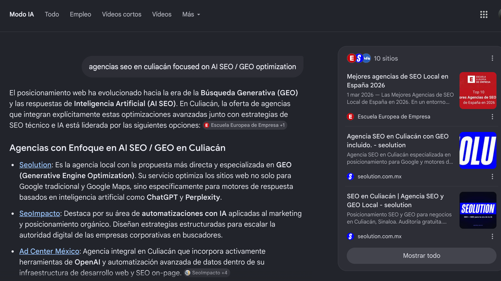 Captura de pantalla: SEOLUTION aparece como primer resultado en Google AI Overviews para búsquedas de agencias SEO/GEO en Culiacán