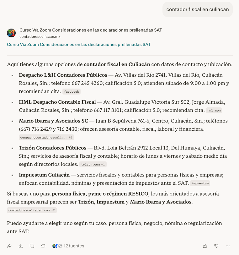 Perplexity mostrando despachos de contadores fiscales en Culiacán con datos de contacto, dirección y calificaciones de Google Business Profile