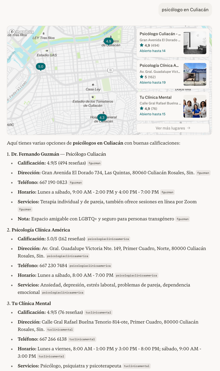 Perplexity mostrando psicólogos en Culiacán con datos de Google Business Profile: calificaciones, direcciones, teléfonos y horarios